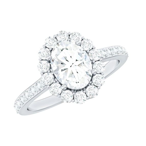 Rosec Jewels Certified Moissanite Oval Engagement Ring 1 Carat - Vintage Style Ring with Halo (6X8 mm, D-VS1 Grade), 18K White Gold, US 4.00