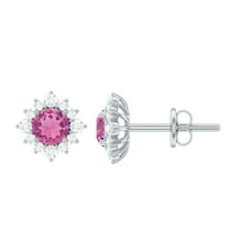 Rosec Jewels Classic Pink Tourmaline Stud Earrings with Diamond Halo (AAA Quality), 925 Sterling Silver