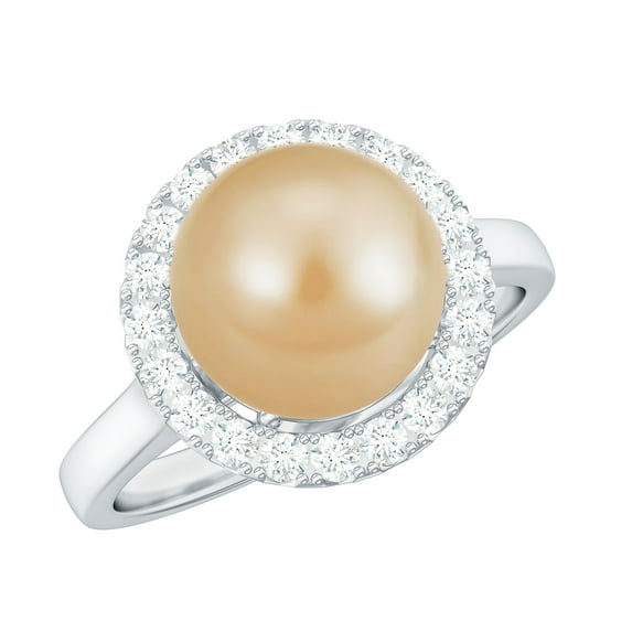 Rosec Jewels Cultured South Sea Pearl Diamond Engagement Ring - 8 mm Golden Pearl Ring for Women - AAA Quality - With Jewelry Box, 14K White Gold, US 3.00