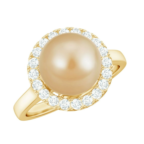 Rosec Jewels Cultured South Sea Pearl Diamond Engagement Ring - 8 mm Golden Pearl Ring for Women - AAA Quality - With Jewelry Box, 18K Yellow Gold, US 9.50