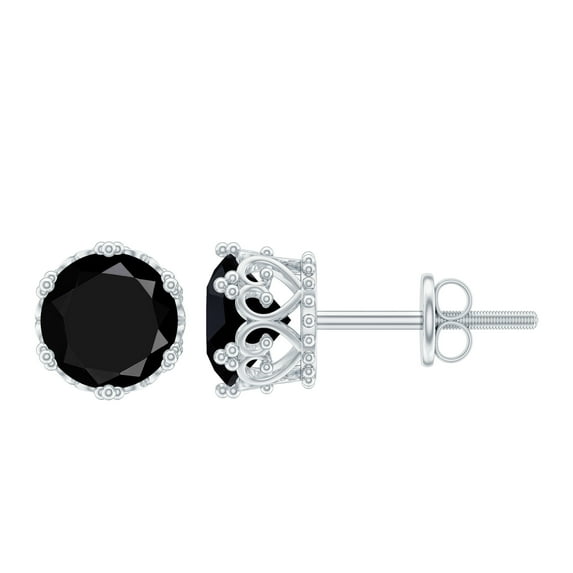 Rosec Jewels Created Black Diamond Solitaire Crown Stud Earrings for Women (7 mm, AAAA Grade), 18K White Gold