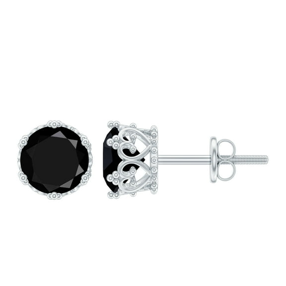 Rosec Jewels Created Black Diamond Solitaire Crown Stud Earrings for Women (7 mm, AAAA Grade), 925 Sterling Silver