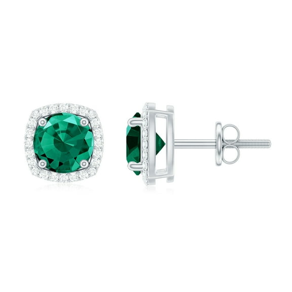 Rosec Jewels Created Emerald Halo Stud Earrings with Moissanite, Silver Screw Back Earrings, 925 Sterling Silver