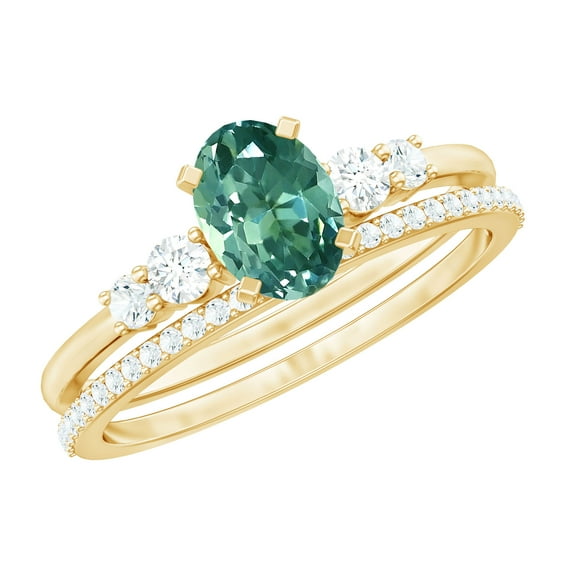 Rosec Jewels Created Green Sapphire Solitaire Ring Set with Diamond for Women - Stackable Ring Set, 10K Yellow Gold, US 6.50