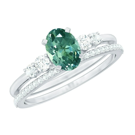 Rosec Jewels Created Green Sapphire Solitaire Ring Set with Diamond for Women - Stackable Ring Set, 14K White Gold, US 8.50