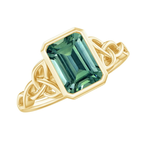 Rosec Jewels Created Green Sapphire Solitaire Ring with Diamond - Celtic Knot Ring (6X8 mm), 10K Yellow Gold, US 13.00