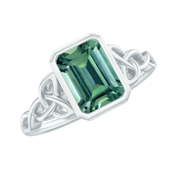 Rosec Jewels Created Green Sapphire Solitaire Ring with Diamond - Celtic Knot Ring (6X8 mm), 18K White Gold, US 13.00