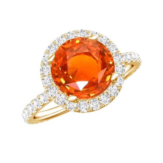 Rosec Jewels Created Orange Sapphire Ring with Diamond Halo for Women - AAAA Grade, 10K Yellow Gold, US 4.00