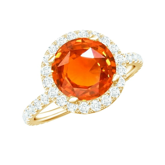 Rosec Jewels Created Orange Sapphire Ring with Diamond Halo for Women - AAAA Grade, 14K Yellow Gold, US 11.50