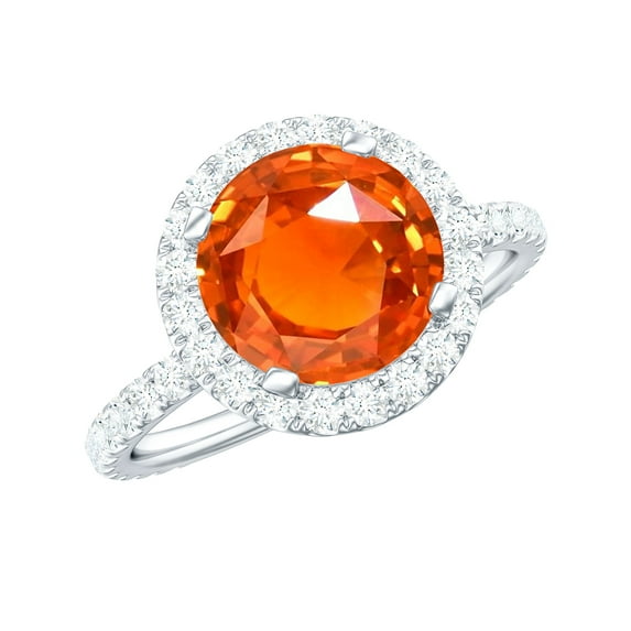 Rosec Jewels Created Orange Sapphire Ring with Diamond Halo for Women - AAAA Grade, 925 Sterling Silver, US 4.00