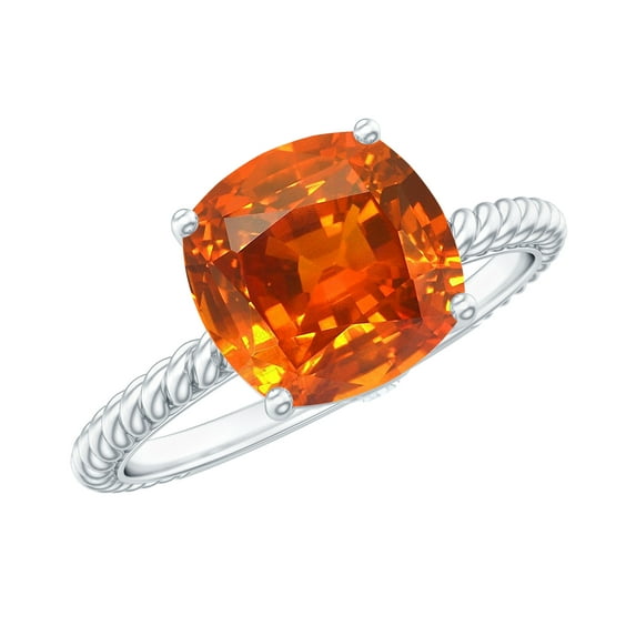 Rosec Jewels Created Orange Sapphire Solitaire Ring with Diamond - 8 mm - AAAA Grade, 18K White Gold, US 7.00