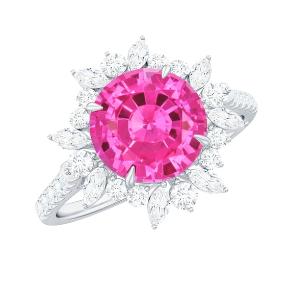 Rosec Jewels Created Pink Sapphire Floral Ring with Moissanite - Cocktail Ring (AAAA Grade), 10K White Gold, US 7.50
