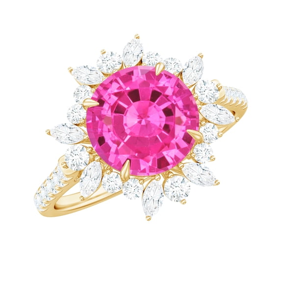 Rosec Jewels Created Pink Sapphire Floral Ring with Moissanite - Cocktail Ring (AAAA Grade), 18K Yellow Gold, US 11.50
