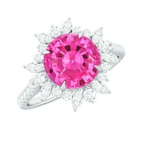 Rosec Jewels Created Pink Sapphire Floral Ring with Moissanite - Cocktail Ring (AAAA Grade), 925 Sterling Silver, US 4.00