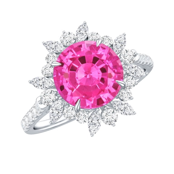 Rosec Jewels Created Pink Sapphire Floral Ring with Moissanite - Cocktail Ring (AAAA Grade), 925 Sterling Silver, US 4.00