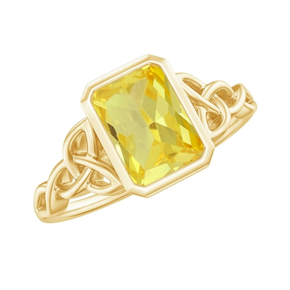 Rosec Jewels Created Yellow Sapphire Solitaire Ring with Diamond, Celtic Knot Ring (6X8 mm), 10K Yellow Gold, US 9.50