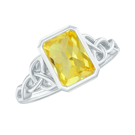 Rosec Jewels Created Yellow Sapphire Solitaire Ring with Diamond, Celtic Knot Ring (6X8 mm), 18K White Gold, US 11.00