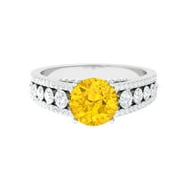 Rosec Jewels Created Yellow Sapphire Statement Ring with Moissanite Side Stones (8 mm), 925 Sterling Silver, US 4.00