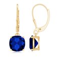 thumbnail image 1 of Rosec Jewels Cushion Cut Created Blue Sapphire Solitaire Drop Earrings for Women - 8 mm, 10K Yellow Gold, 1 of 7