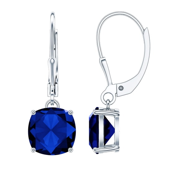 Rosec Jewels Cushion Cut Created Blue Sapphire Solitaire Drop Earrings for Women - 8 mm, 18K White Gold