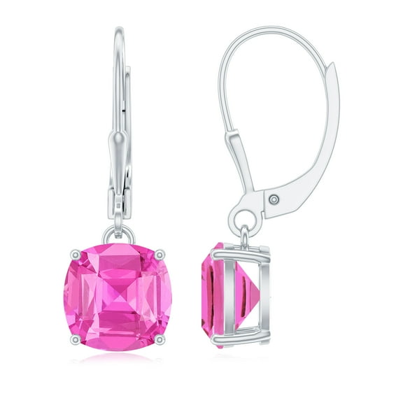Rosec Jewels Cushion Cut Lab Created Pink Sapphire Solitaire Drop Earrings for Women (8 mm), 10K White Gold