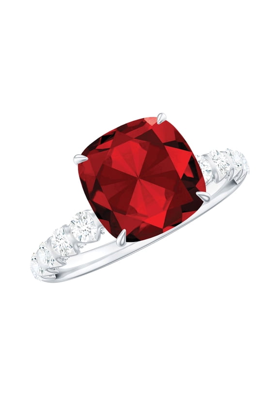 Lab Grown Ruby Engagement Ring (8 mm Cushion Cut, AAAA Grade Certified) - Ruby Diamond Ring - with Jewelry Box, 925 Sterling Silver, US 4.00