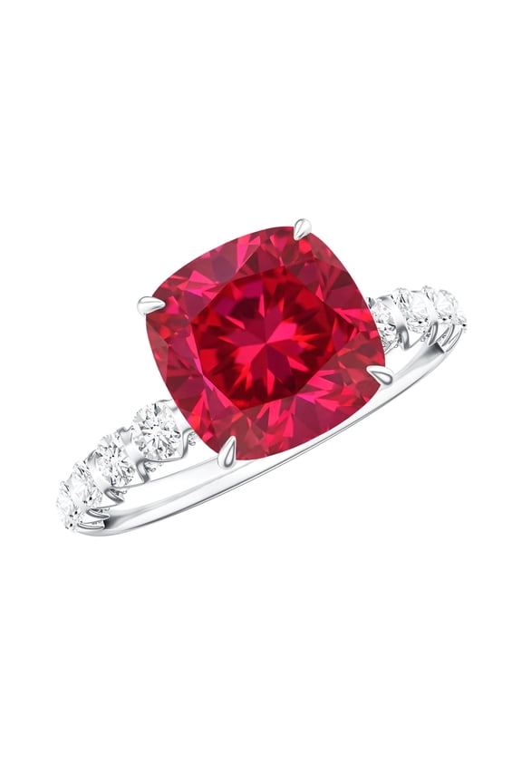 Lab Grown Ruby Engagement Ring (8 mm Cushion Cut, AAAA Grade Certified) - Ruby Diamond Ring - with Jewelry Box, 925 Sterling Silver, US 4.00