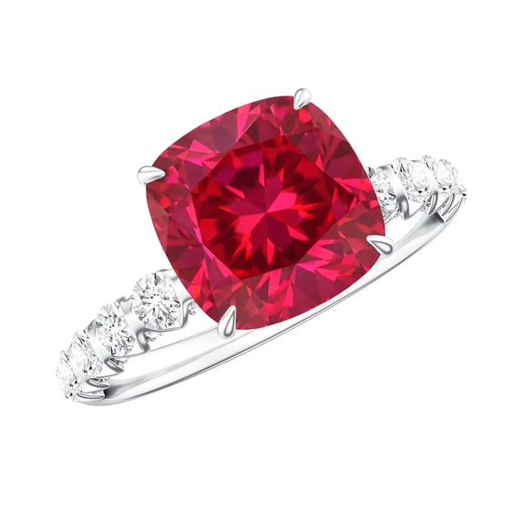 Rosec Jewels Lab Grown Ruby Engagement Ring (8 mm Cushion Cut, AAAA Grade Certified) - Ruby Diamond Ring - with Jewelry Box, 925 Sterling Silver, US 5.00
