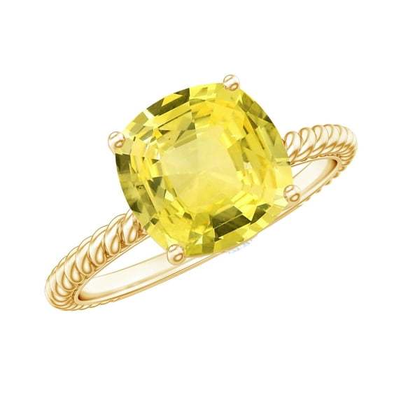 Rosec Jewels Cushion Cut Lab Created Yellow Sapphire Solitaire Ring with Diamond (8 mm), 10K Yellow Gold, US 6.00