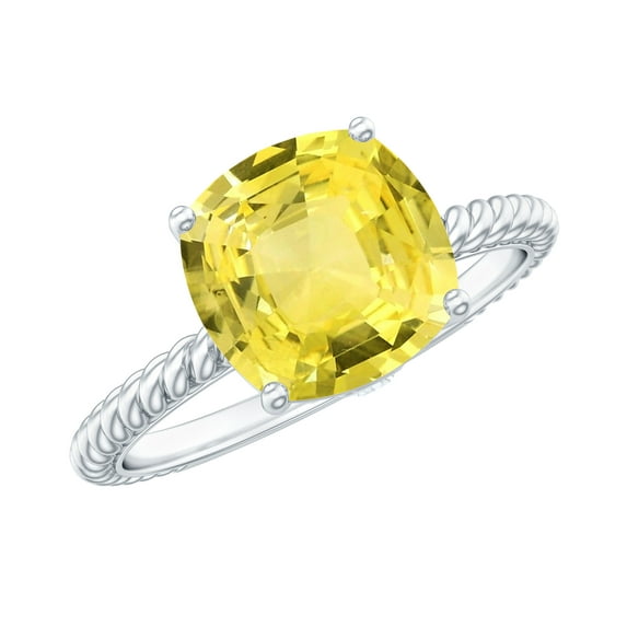 Rosec Jewels Cushion Cut Lab Created Yellow Sapphire Solitaire Ring with Diamond (8 mm), 925 Sterling Silver, US 4.00