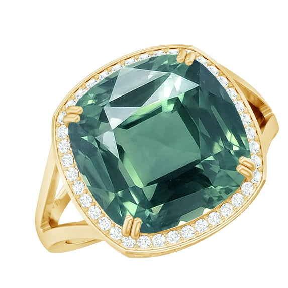 Rosec Jewels Lab Grown Green Sapphire Cushion Cut Engagement Ring - 12 mm - Statement Ring - AAAA Grade - with Jewelry Box, 14K Yellow Gold, US 11.50
