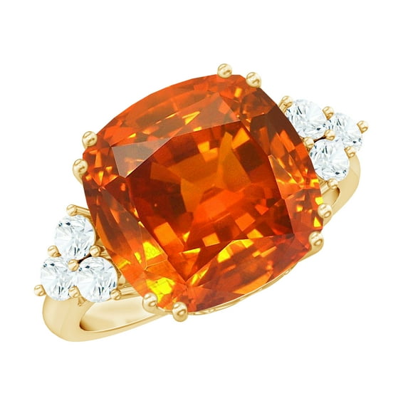 Rosec Jewels Cushion Cut Lab Grown Orange Sapphire Solitaire Ring with Diamond - AAAA Grade, 10K Yellow Gold, US 4.00