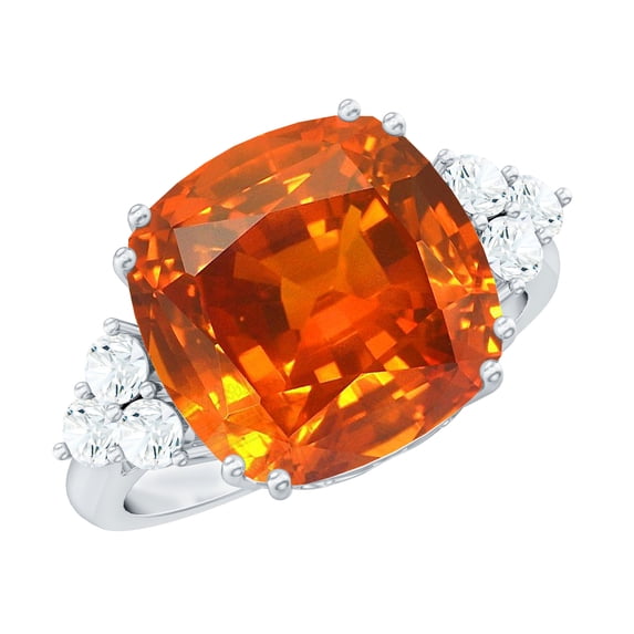 Rosec Jewels Cushion Cut Lab Grown Orange Sapphire Solitaire Ring with Diamond - AAAA Grade, 14K White Gold, US 4.00