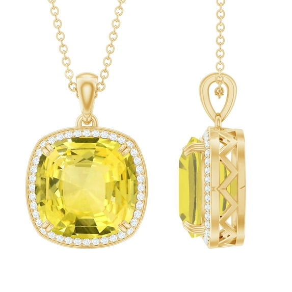 Rosec Jewels Cushion Cut Lab Grown Yellow Sapphire Pendant with Moissanite Halo (12 mm), 14K Yellow Gold