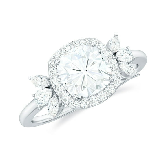 Rosec Jewels Certified Moissanite Halo Engagement Ring 1 Carat - 6 mm Cushion Cut Ring - D-VS1 Quality, 10K White Gold, US 10.00