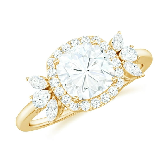 Rosec Jewels Certified Moissanite Halo Engagement Ring 1 Carat - 6 mm Cushion Cut Ring - D-VS1 Quality, 14K Yellow Gold, US 8.50
