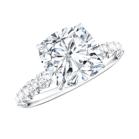 Rosec Jewels Cushion Cut Moissanite Solitaire Engagement Ring with Side Stones (3 Carat, D-VS1 Quality) - Jewelry Box Included, 925 Sterling Silver, US 4.00