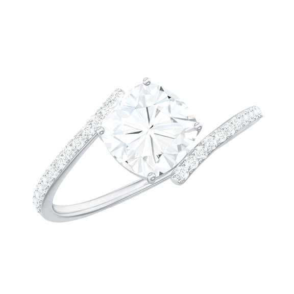 Rosec Jewels Moissanite Cushion Cut Engagement Ring 1 Carat - 6 mm - Bypass Ring - D-VS1 Quality Certified, 14K White Gold, US 11.00
