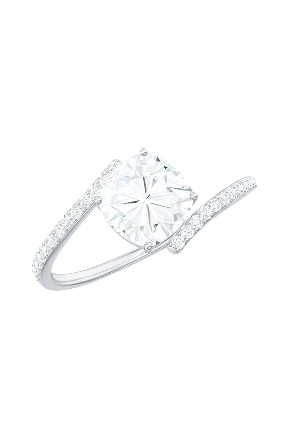 Moissanite Cushion Cut Engagement Ring 1 Carat - 6 mm - Bypass Ring - D-VS1 Quality Certified, 14K White Gold, US 7.00