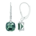 thumbnail image 1 of Rosec Jewels Cushion Shaped Created Green Sapphire Solitaire Drop Earrings for Women - 8 mm - AAA Quality - Lever Back, 18K White Gold, 1 of 7