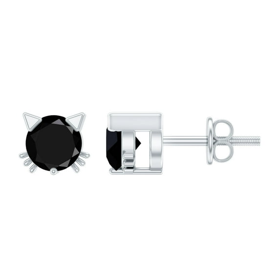 Rosec Jewels Cute Cat Stud Earrings, Created Black Diamond Solitaire Stud Earrings - AAAA Grade, 925 Sterling Silver