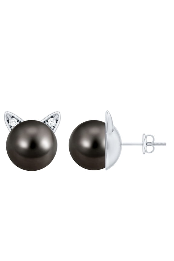 Tahitian Black Pearl Earrings (16 Carat, AAA Grade) - Cat Stud Earrings with Pearl and Diamond - Ready to Gift, 925 Sterling Silver