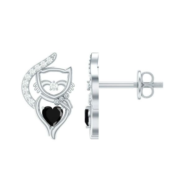 Rosec Jewels Cute Cat Studs Earring, 0.25 CT Lab Created Black Diamond Stud Earrings with Diamond, Birthday Gift for Her (AAAA Quality), 925 Sterling Silver