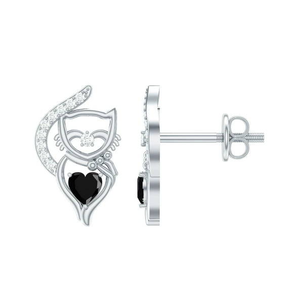 Rosec Jewels Cute Cat Studs Earring, 0.25 CT Lab Created Black Diamond Stud Earrings with Diamond, Birthday Gift for Her (AAAA Quality), 925 Sterling Silver