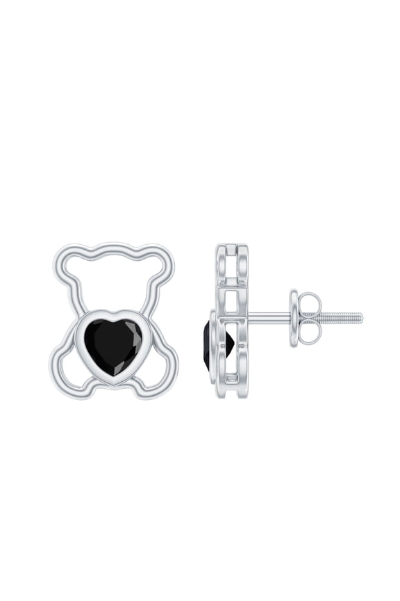 Cute Teddy Bear Stud Earrings with Heart Shape Created Black Diamond - AAAA Grade, 10K White Gold