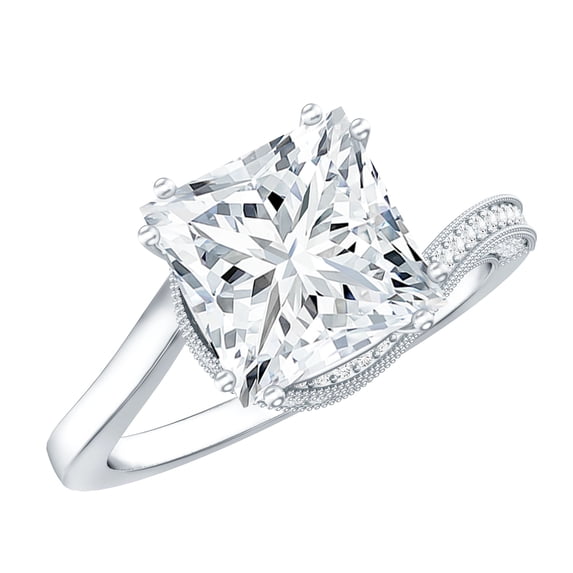 Rosec Jewels Certified Moissanite Princess Cut Engagement Ring 3 Carat - Designer Bypass Ring for Women - 8 mm - D-VS1 Quality, 14K White Gold, US 10.00
