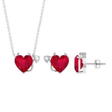 Rosec Jewels Devil Heart Jewelry Set with Ruby and Diamond (8 mm Created Ruby, AAAA Grade), 925 Sterling Silver