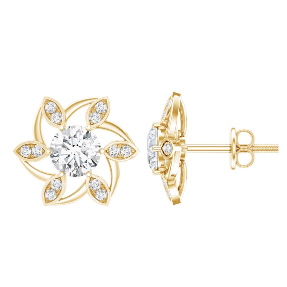 Rosec Jewels Diamond Flower Stud Earrings (1 Ct - 4 mm - Ef-Vs Grade) - Lab Diamond Earrings - Anniversary Gift, 14K Yellow Gold