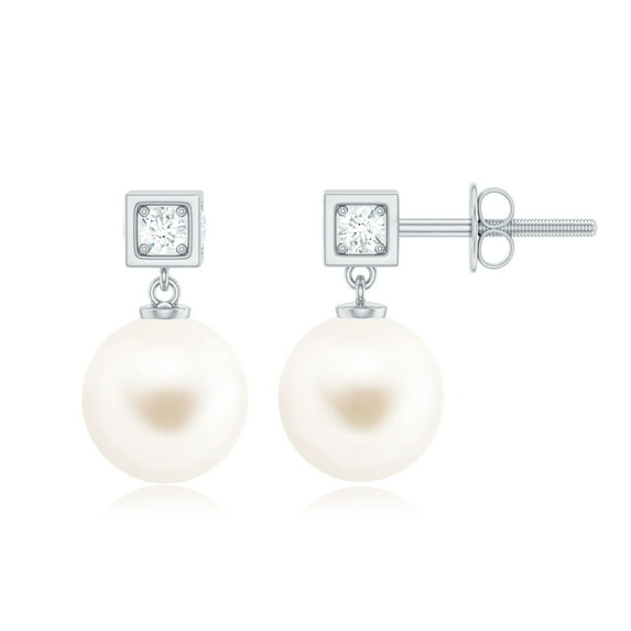 Rosec Jewels Elegant Freshwater Pearl Drop Earrings with Diamond for Women - 8 mm, 10K White Gold