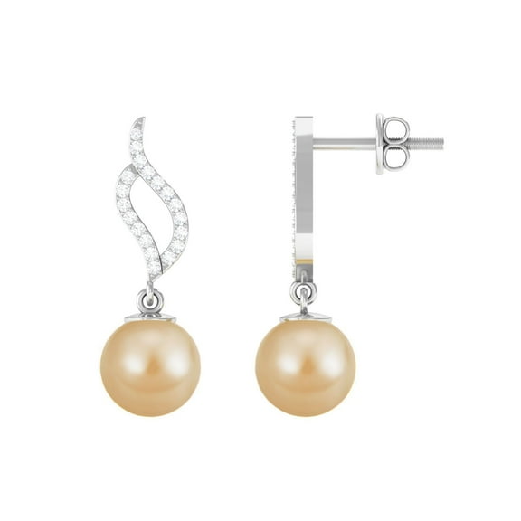 Rosec Jewels Elegant South Sea Pearl Drop Earrings with Diamond for Women (8 mm, AAA Grade), 925 Sterling Silver
